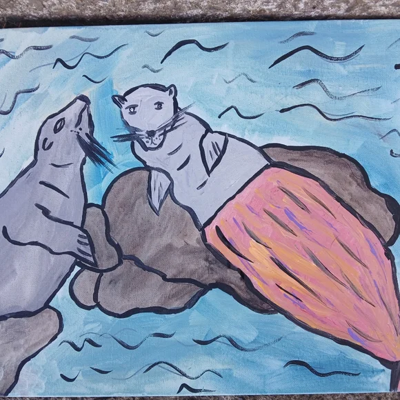 Sea Lions Mermaid Painting Folk Art - Picture 3 of 14
